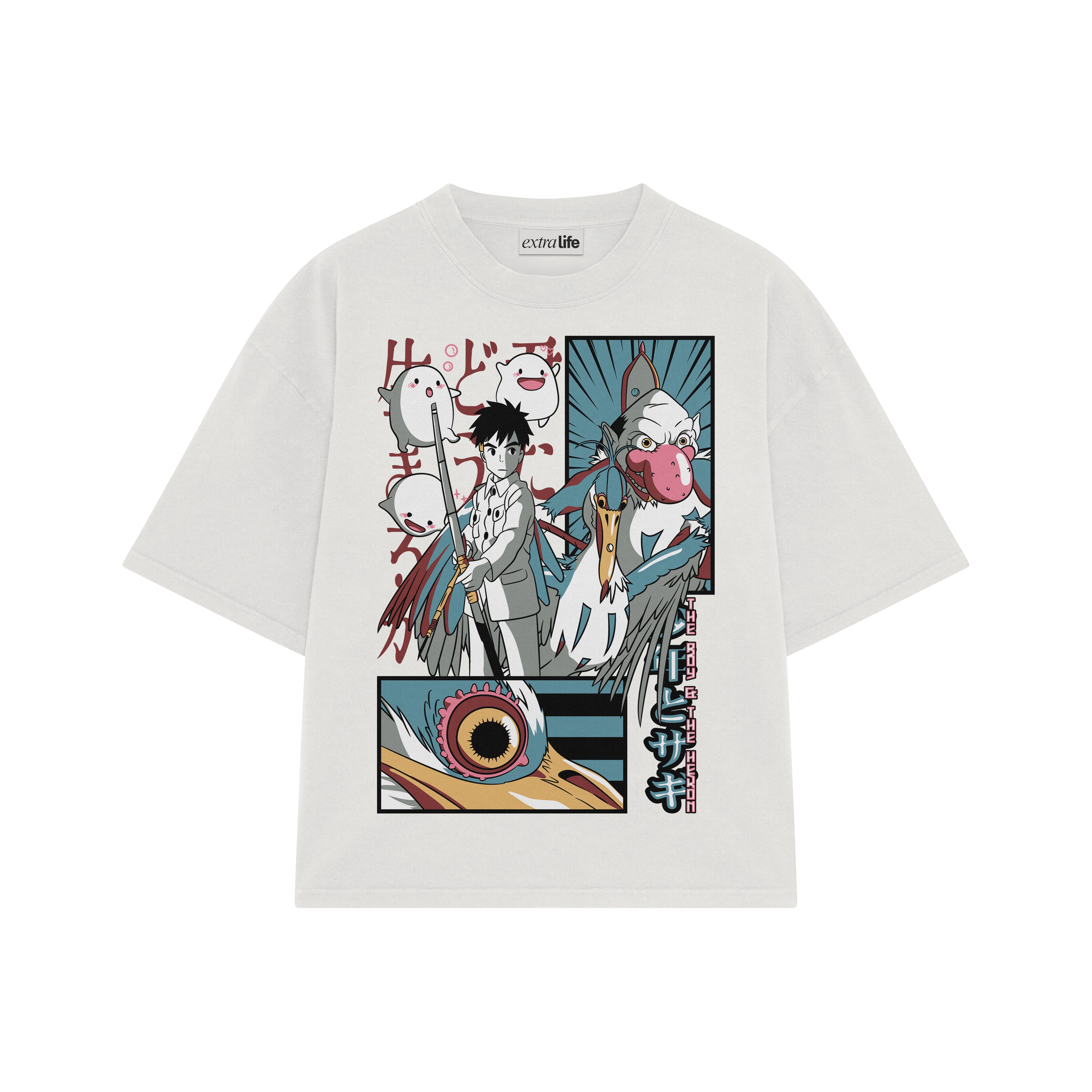 Playera streetwear premium de anime y gaming ExtraLife MX, corte boxy oversized drop shoulder heavyweight en color Deep Black y Off-White, moda urbana mexicana de culto.