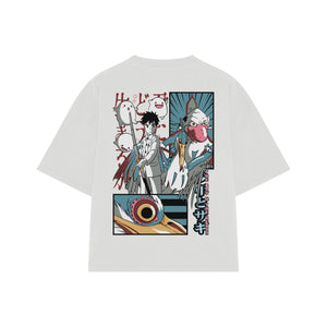 Playera streetwear premium de anime y gaming ExtraLife MX, corte boxy oversized drop shoulder heavyweight en color Deep Black y Off-White, moda urbana mexicana de culto.