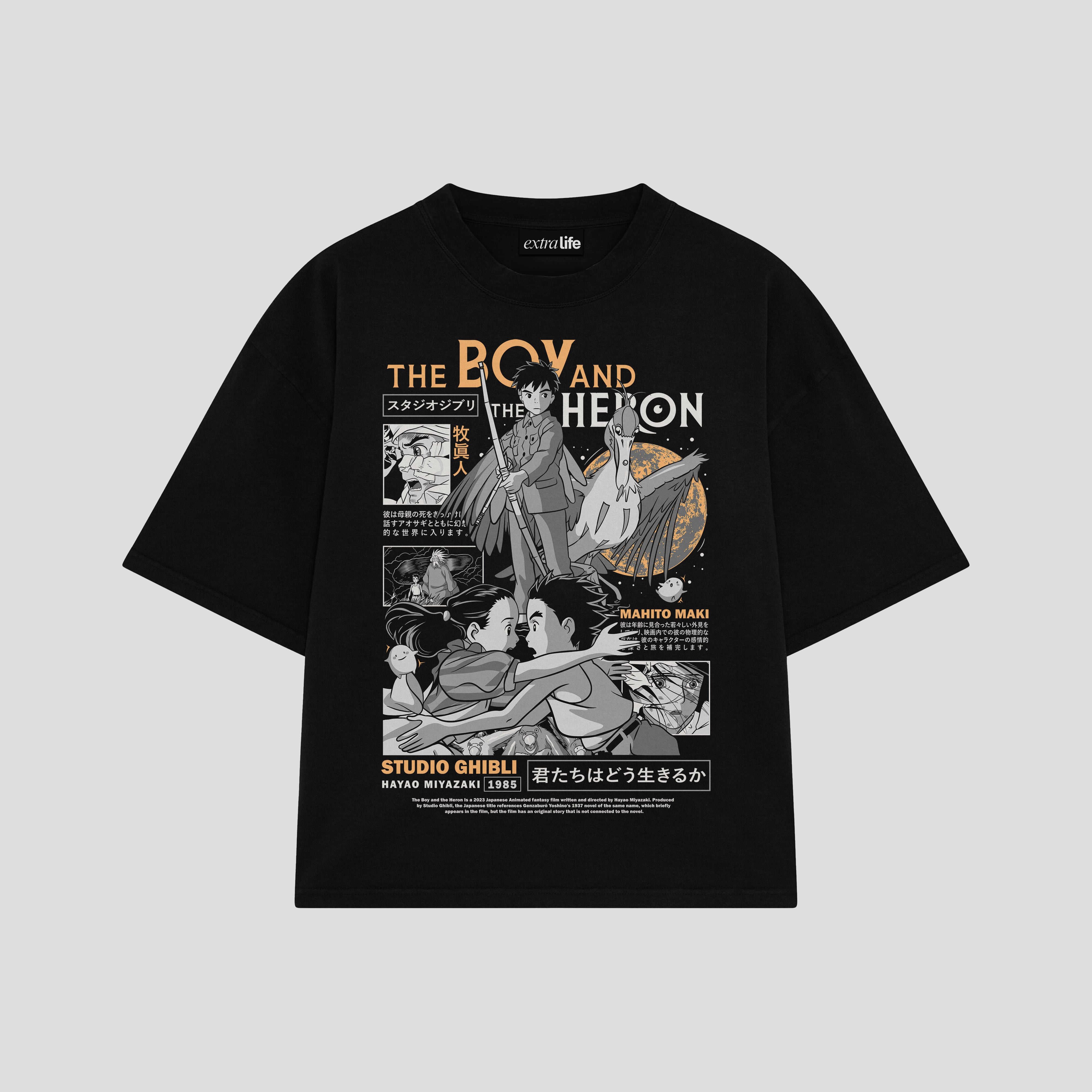 Playera streetwear premium de anime y gaming ExtraLife MX, corte boxy oversized drop shoulder heavyweight en color Deep Black y Off-White, moda urbana mexicana de culto.