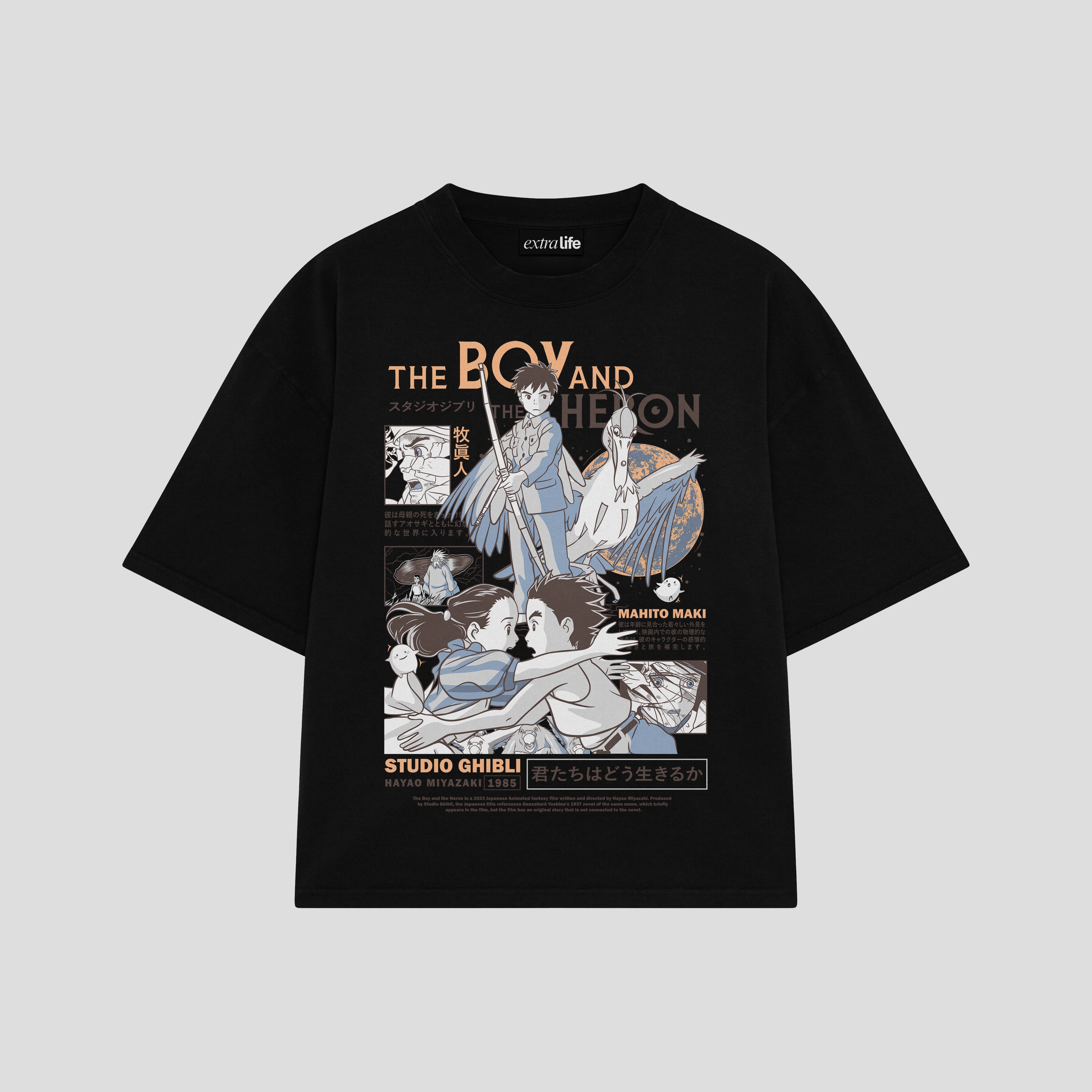 Playera streetwear premium de anime y gaming ExtraLife MX, corte boxy oversized drop shoulder heavyweight en color Deep Black y Off-White, moda urbana mexicana de culto.