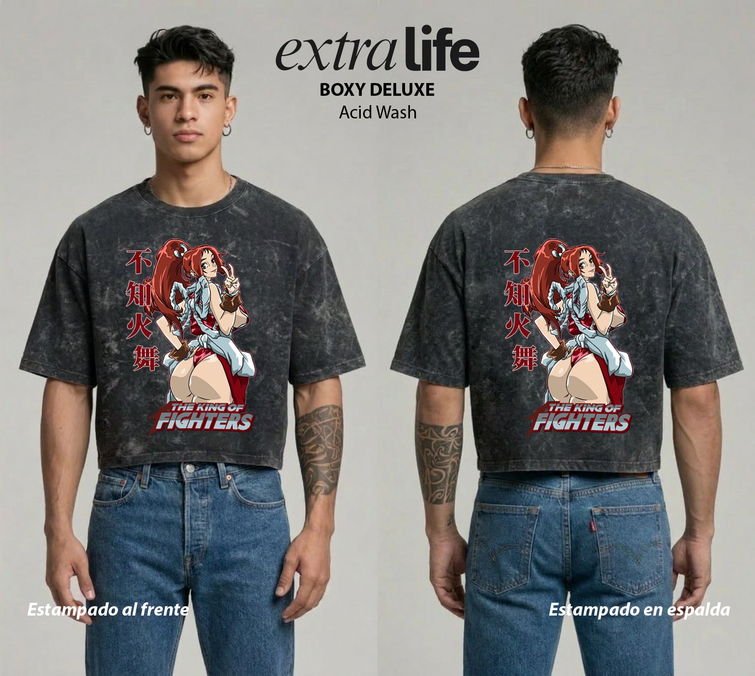 Playera streetwear premium de anime y gaming ExtraLife MX, corte boxy deluxe mineral wash heavyweight en color Acid Wash, moda urbana mexicana de culto.