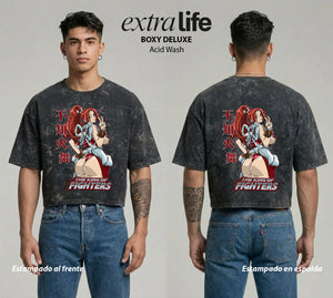 Playera streetwear premium de anime y gaming ExtraLife MX, corte boxy deluxe mineral wash heavyweight en color Acid Wash, moda urbana mexicana de culto.