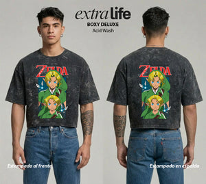 Playera streetwear premium de anime y gaming ExtraLife MX, corte boxy deluxe mineral wash heavyweight en color Acid Wash, moda urbana mexicana de culto.