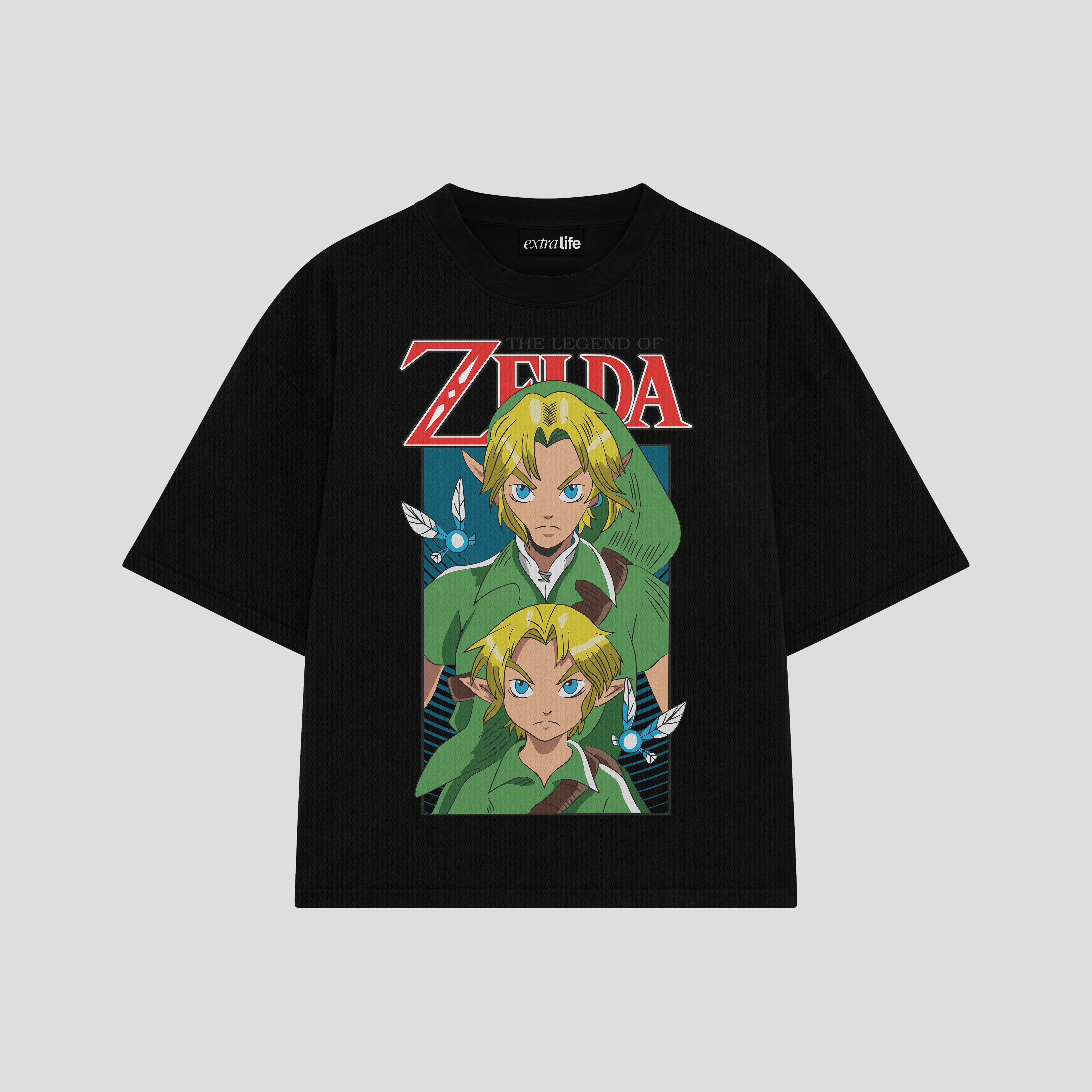 Playera streetwear premium de anime y gaming ExtraLife MX, corte boxy oversized drop shoulder heavyweight en color Deep Black y Off-White, moda urbana mexicana de culto.