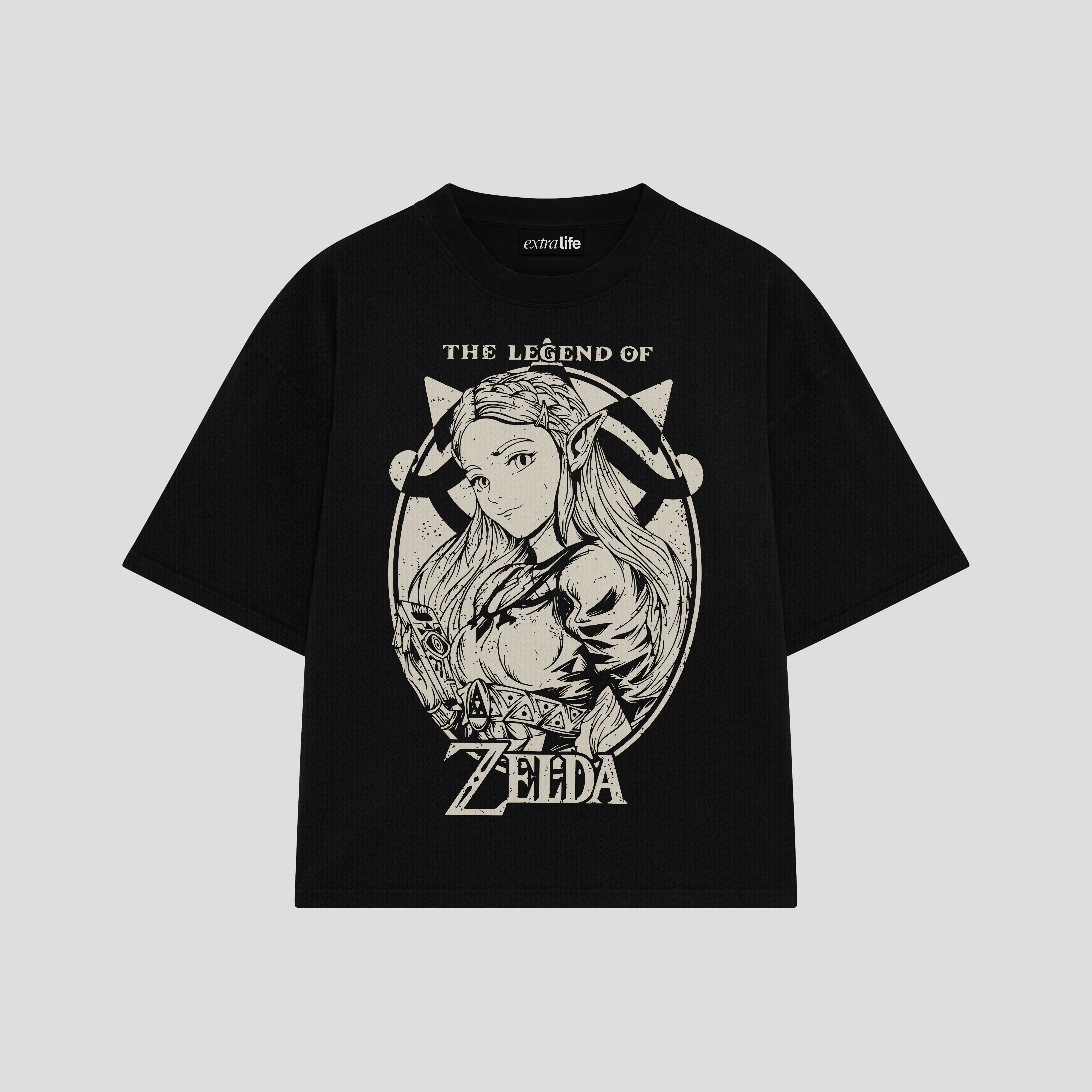 Playera streetwear premium de anime y gaming ExtraLife MX, corte boxy oversized drop shoulder heavyweight en color Deep Black y Off-White, moda urbana mexicana de culto.