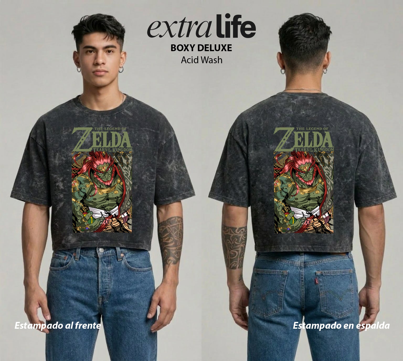 Playera streetwear premium de anime y gaming ExtraLife MX, corte boxy deluxe mineral wash heavyweight en color Acid Wash, moda urbana mexicana de culto.