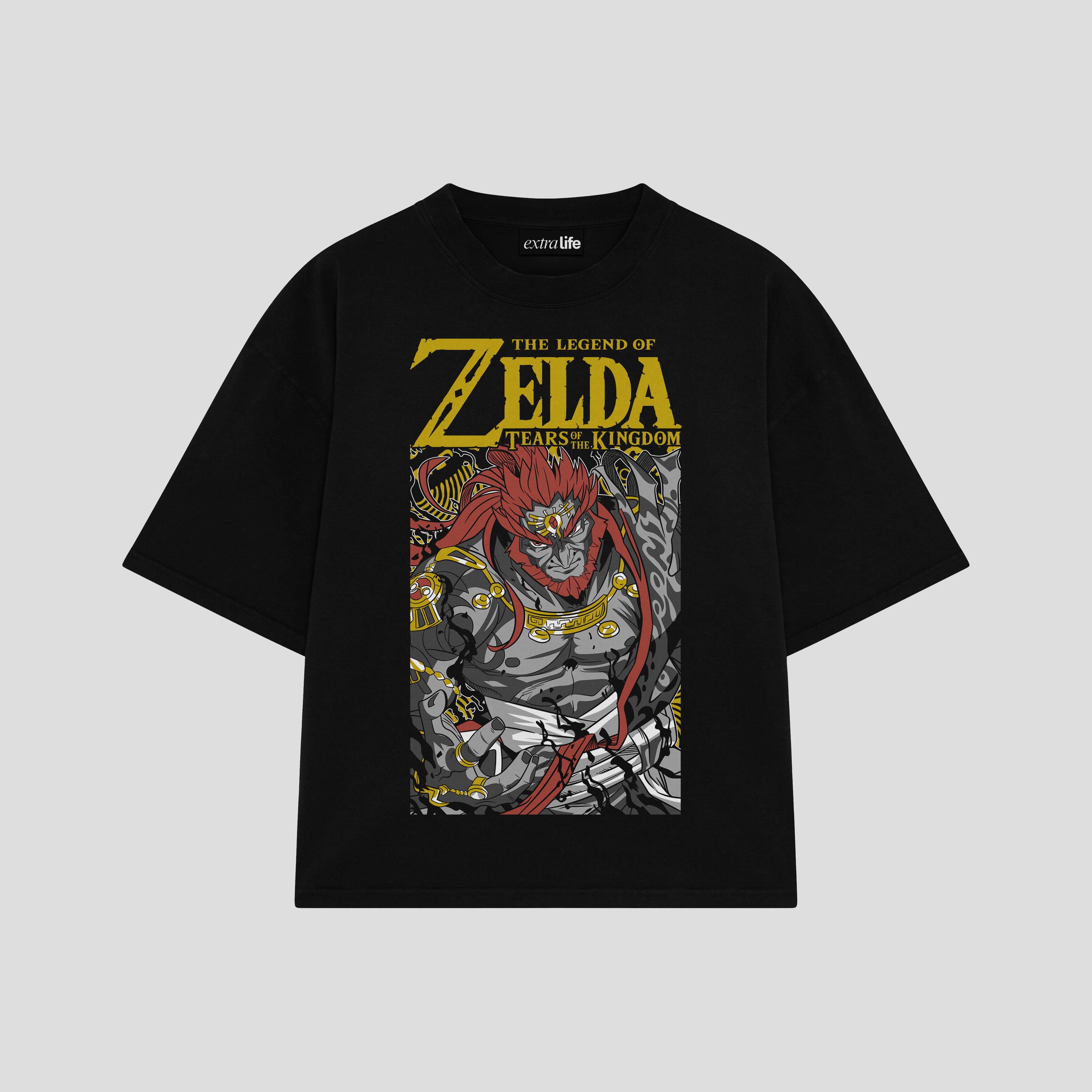 Playera streetwear premium de anime y gaming ExtraLife MX, corte boxy oversized drop shoulder heavyweight en color Deep Black y Off-White, moda urbana mexicana de culto.