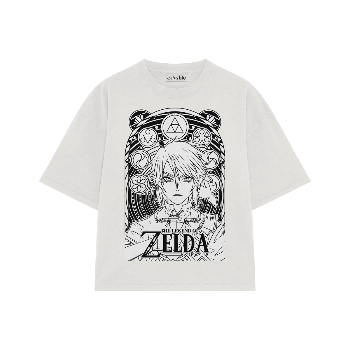 Playera streetwear premium de anime y gaming ExtraLife MX, corte oversized drop shoulder ligero y fresco en color Deep Black y Off-White, moda urbana mexicana de culto.