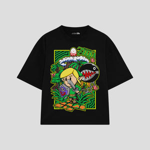 Playera streetwear premium de anime y gaming ExtraLife MX, corte boxy oversized drop shoulder heavyweight en color Deep Black y Off-White, moda urbana mexicana de culto.