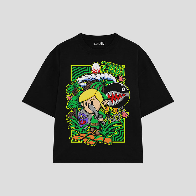 Playera streetwear premium de anime y gaming ExtraLife MX, corte boxy oversized drop shoulder heavyweight en color Deep Black y Off-White, moda urbana mexicana de culto.