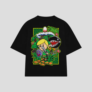 Playera streetwear premium de anime y gaming ExtraLife MX, corte boxy oversized drop shoulder heavyweight en color Deep Black y Off-White, moda urbana mexicana de culto.