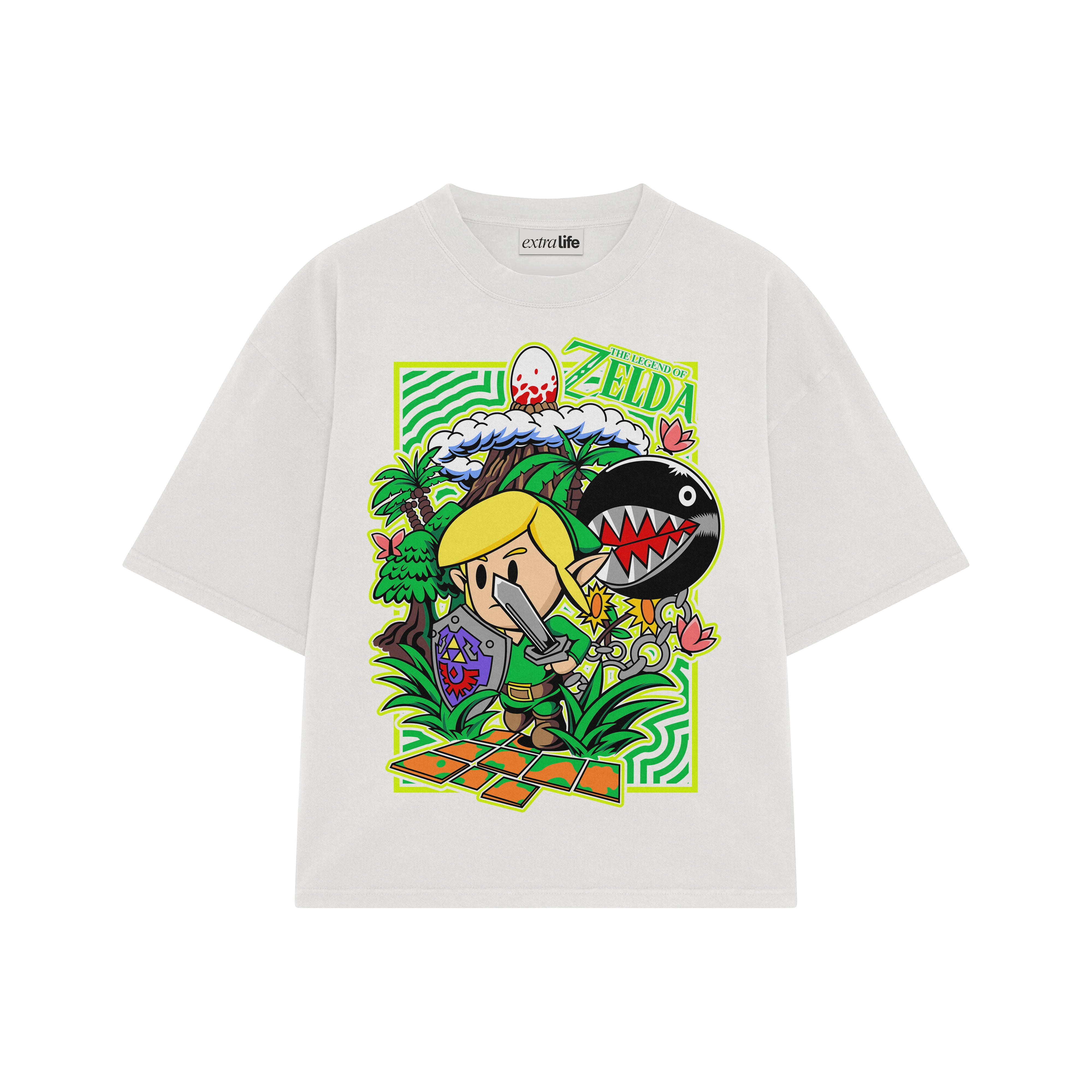 Playera streetwear premium de anime y gaming ExtraLife MX, corte boxy oversized drop shoulder heavyweight en color Deep Black y Off-White, moda urbana mexicana de culto.