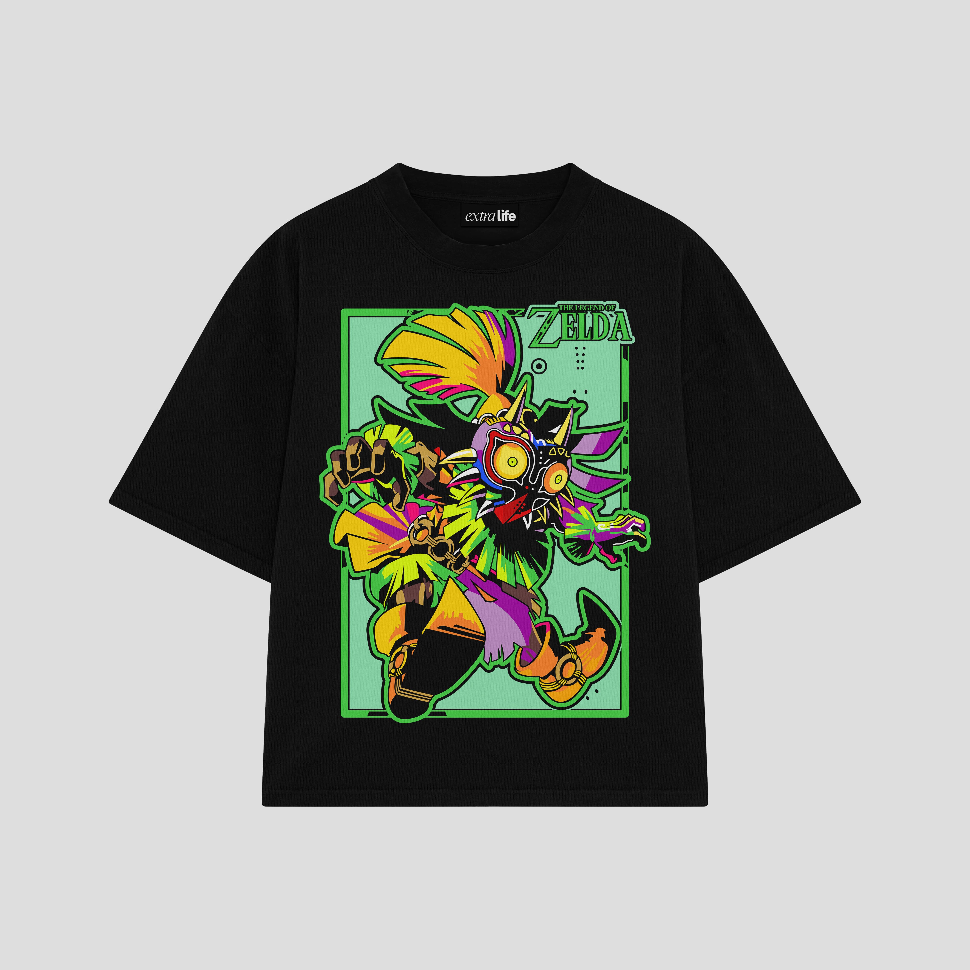 Playera streetwear premium de anime y gaming ExtraLife MX, corte boxy oversized drop shoulder heavyweight en color Deep Black y Off-White, moda urbana mexicana de culto.