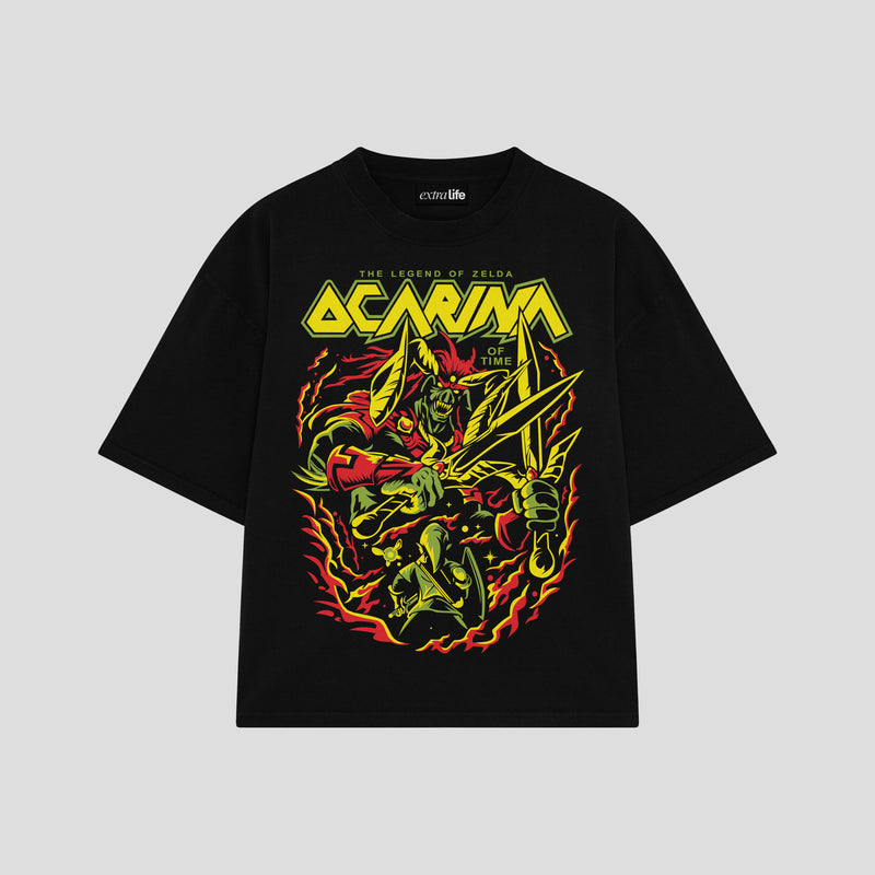 Playera streetwear premium de anime y gaming ExtraLife MX, corte boxy oversized drop shoulder heavyweight en color Deep Black y Off-White, moda urbana mexicana de culto.