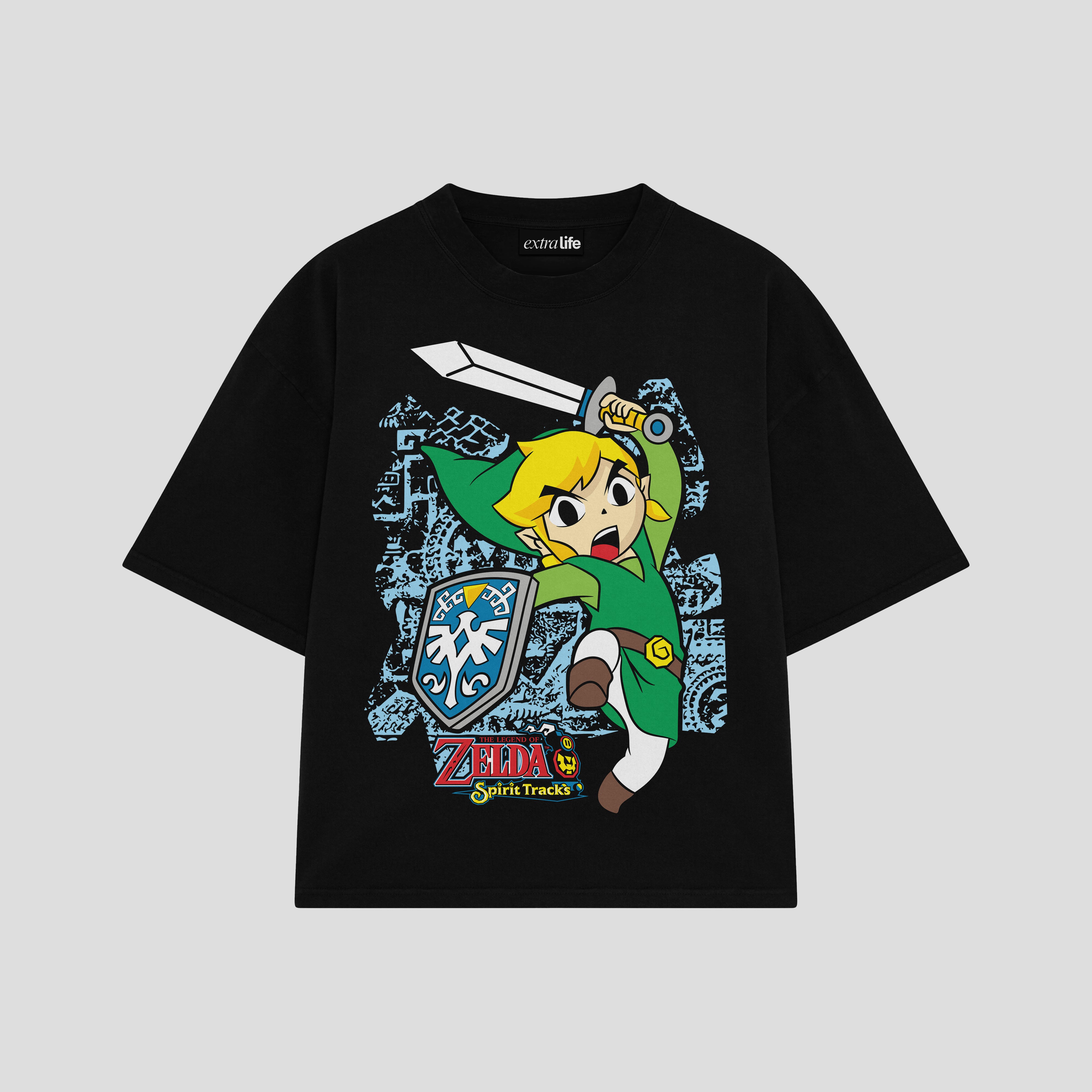 Playera streetwear premium de anime y gaming ExtraLife MX, corte boxy oversized drop shoulder heavyweight en color Deep Black y Off-White, moda urbana mexicana de culto.