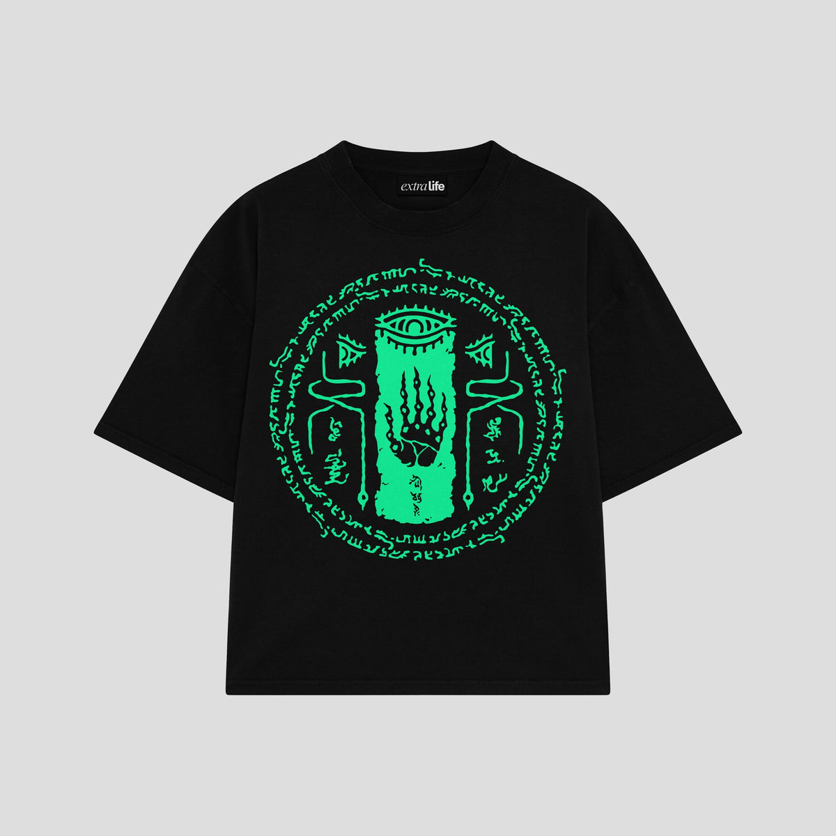 Playera streetwear premium de anime y gaming ExtraLife MX, corte oversized drop shoulder ligero y fresco en color Deep Black y Off-White, moda urbana mexicana de culto.