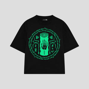 Playera streetwear premium de anime y gaming ExtraLife MX, corte boxy oversized drop shoulder heavyweight en color Deep Black y Off-White, moda urbana mexicana de culto.