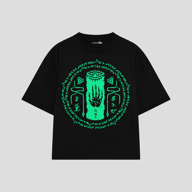 Playera streetwear premium de anime y gaming ExtraLife MX, corte boxy oversized drop shoulder heavyweight en color Deep Black y Off-White, moda urbana mexicana de culto.