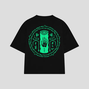 Playera streetwear premium de anime y gaming ExtraLife MX, corte boxy oversized drop shoulder heavyweight en color Deep Black y Off-White, moda urbana mexicana de culto.