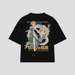 Playera streetwear premium de anime y gaming ExtraLife MX, corte boxy oversized drop shoulder heavyweight en color Deep Black y Off-White, moda urbana mexicana de culto.