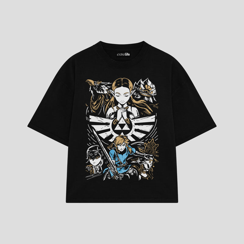 Playera streetwear premium de anime y gaming ExtraLife MX, corte boxy oversized drop shoulder heavyweight en color Deep Black y Off-White, moda urbana mexicana de culto.