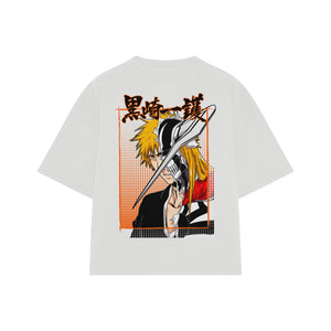 Playera streetwear premium de anime y gaming ExtraLife MX, corte boxy oversized drop shoulder heavyweight en color Deep Black y Off-White, moda urbana mexicana de culto.