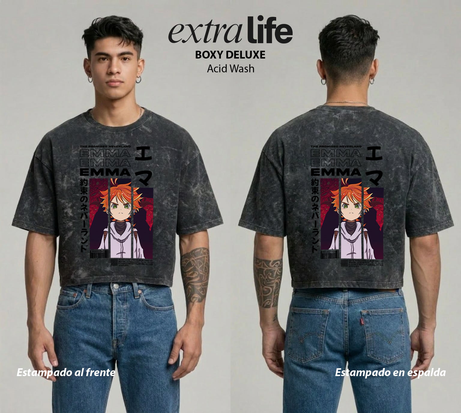 Playera streetwear premium de anime y gaming ExtraLife MX, corte boxy deluxe mineral wash heavyweight en color Acid Wash, moda urbana mexicana de culto.
