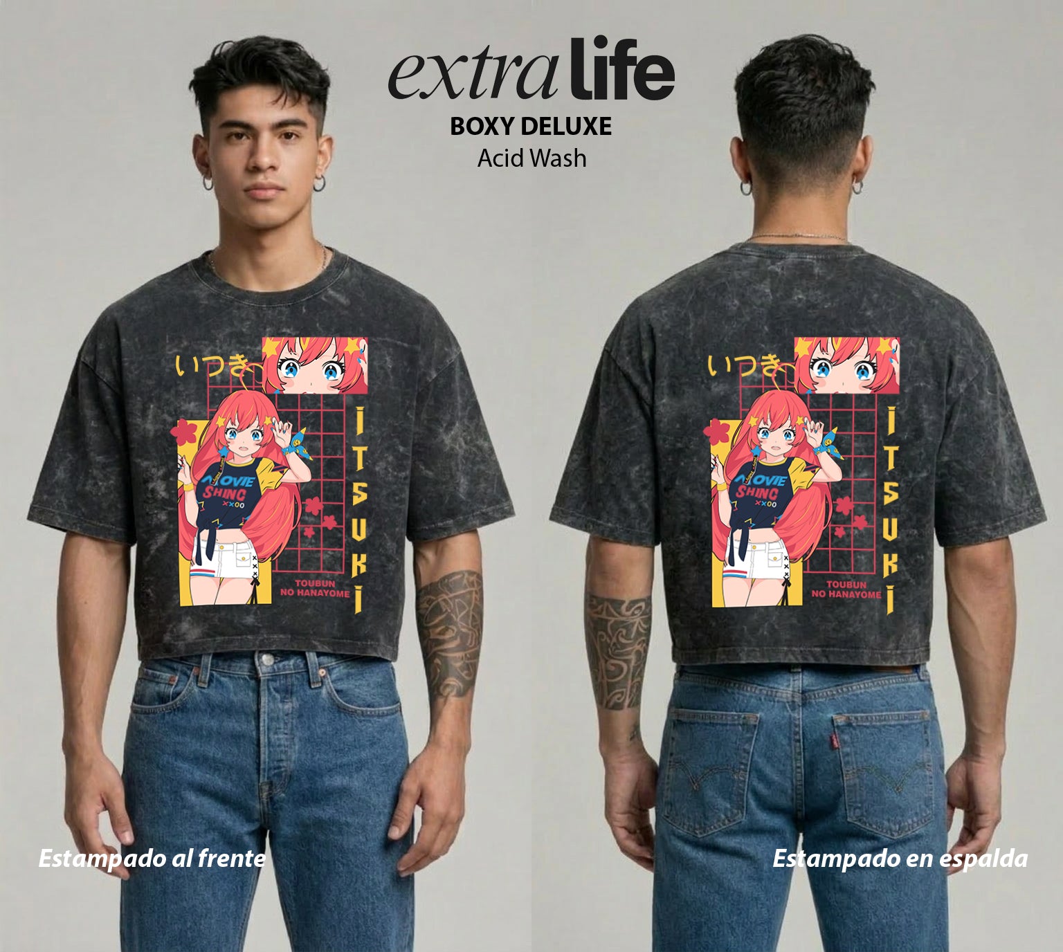 Playera streetwear premium de anime y gaming ExtraLife MX, corte boxy deluxe mineral wash heavyweight en color Acid Wash, moda urbana mexicana de culto.