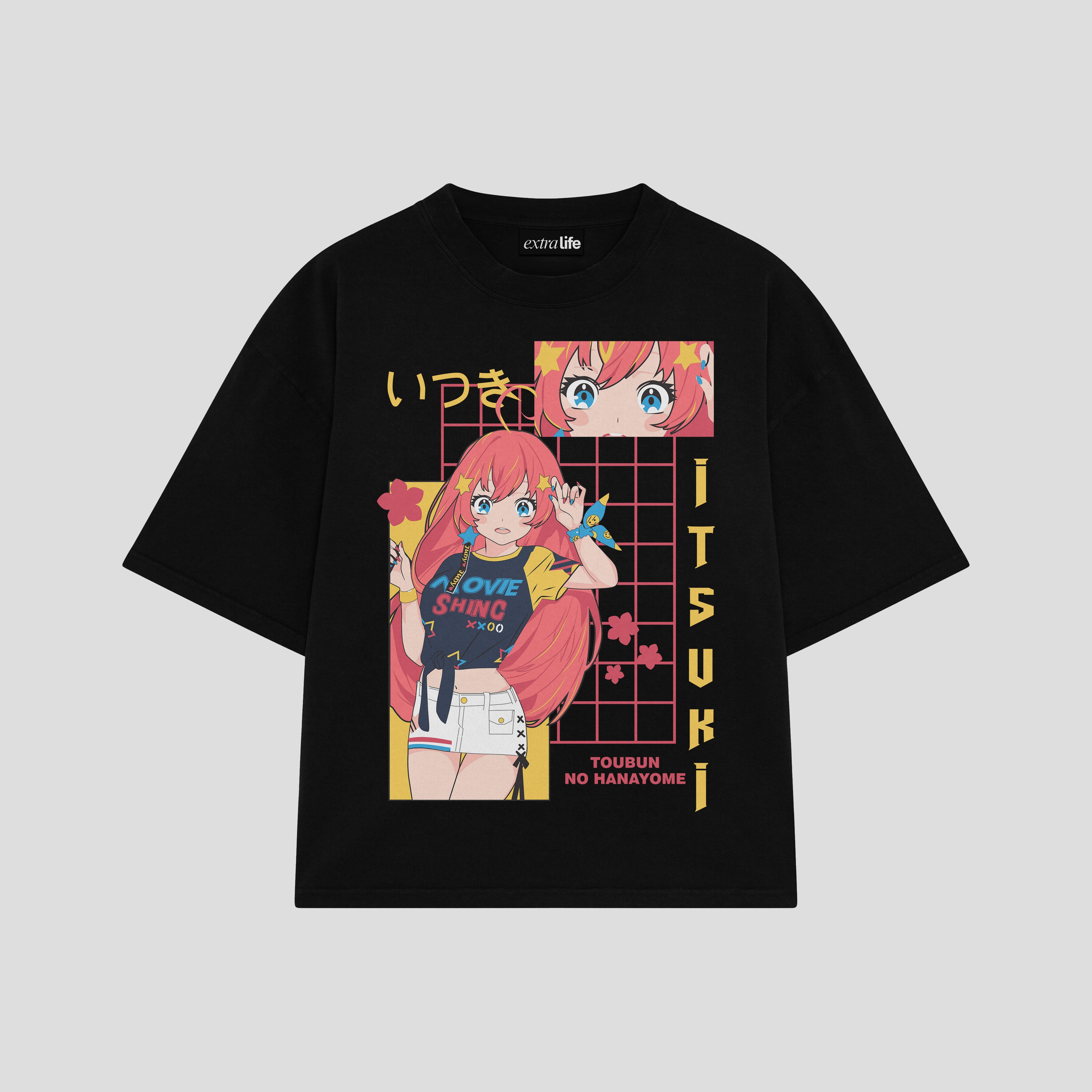 Playera streetwear premium de anime y gaming ExtraLife MX, corte boxy oversized drop shoulder heavyweight en color Deep Black y Off-White, moda urbana mexicana de culto.