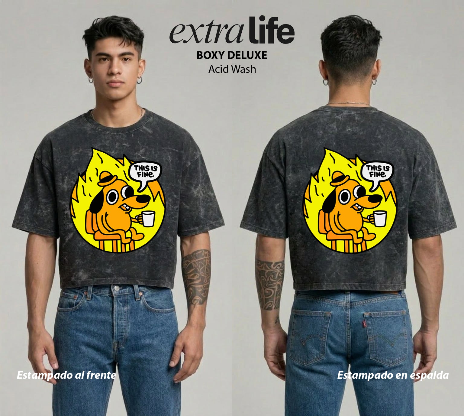 Playera streetwear premium de anime y gaming ExtraLife MX, corte boxy deluxe mineral wash heavyweight en color Acid Wash, moda urbana mexicana de culto.