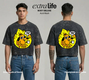 Playera streetwear premium de anime y gaming ExtraLife MX, corte boxy deluxe mineral wash heavyweight en color Acid Wash, moda urbana mexicana de culto.