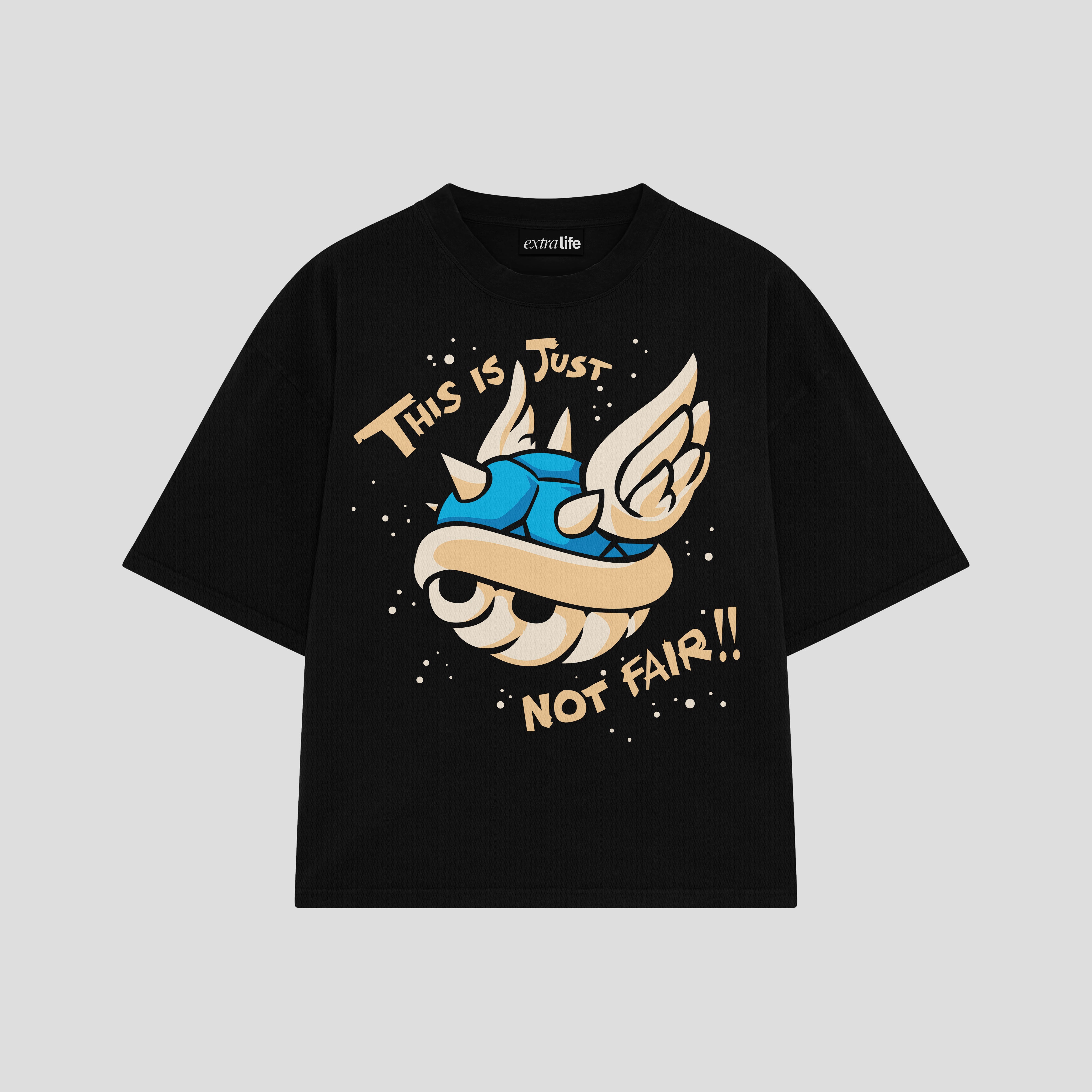 Playera streetwear premium de anime y gaming ExtraLife MX, corte boxy oversized drop shoulder heavyweight en color Deep Black y Off-White, moda urbana mexicana de culto.