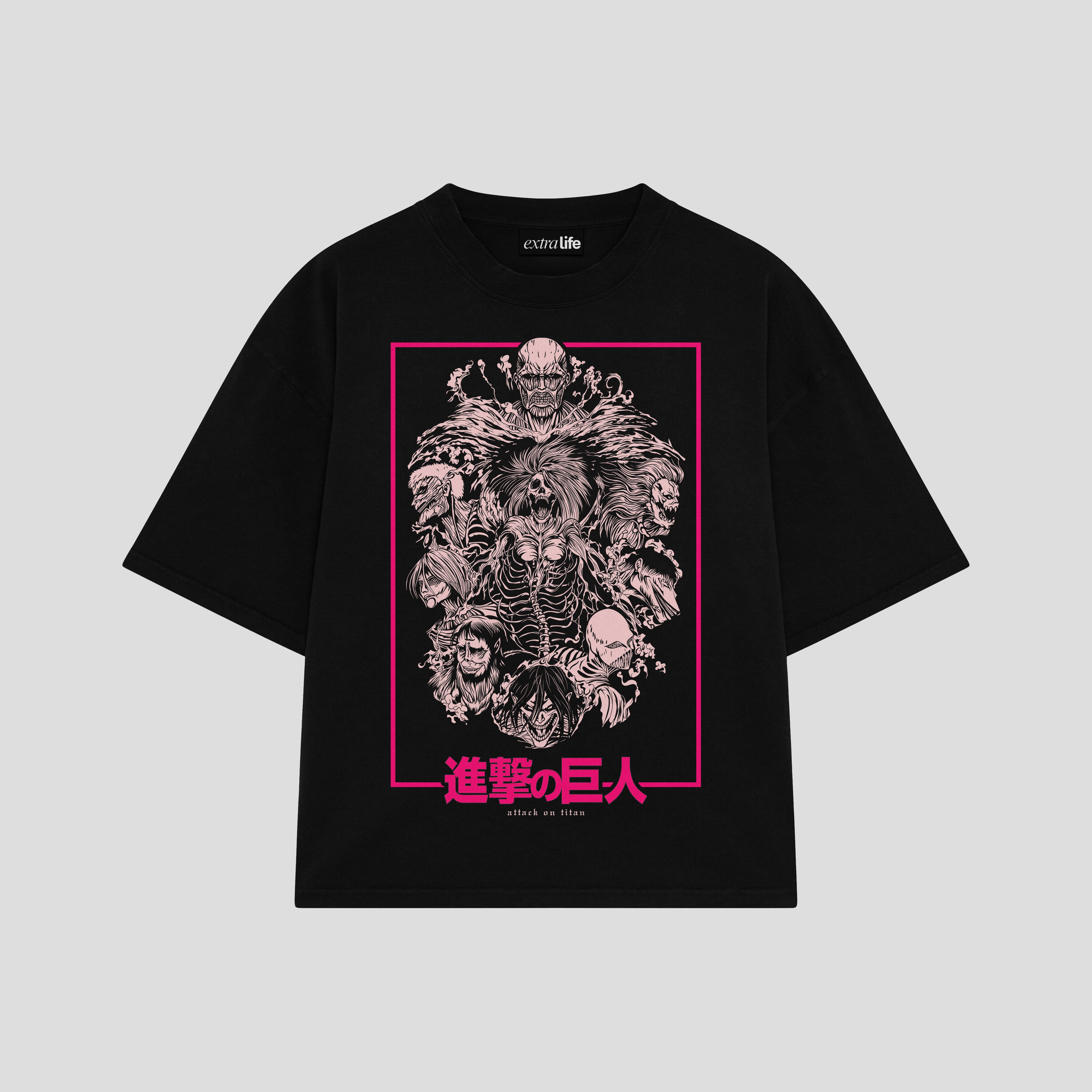Playera streetwear premium de anime y gaming ExtraLife MX, corte boxy oversized drop shoulder heavyweight en color Deep Black y Off-White, moda urbana mexicana de culto.