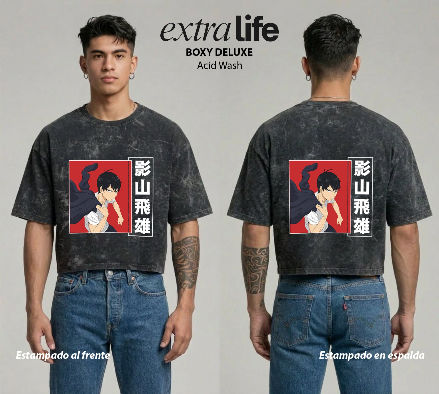 Playera streetwear premium de anime y gaming ExtraLife MX, corte boxy deluxe mineral wash heavyweight en color Acid Wash, moda urbana mexicana de culto.