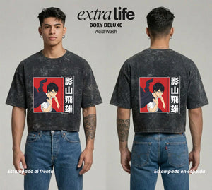 Playera streetwear premium de anime y gaming ExtraLife MX, corte boxy deluxe mineral wash heavyweight en color Acid Wash, moda urbana mexicana de culto.