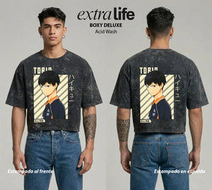 Playera streetwear premium de anime y gaming ExtraLife MX, corte boxy deluxe mineral wash heavyweight en color Acid Wash, moda urbana mexicana de culto.