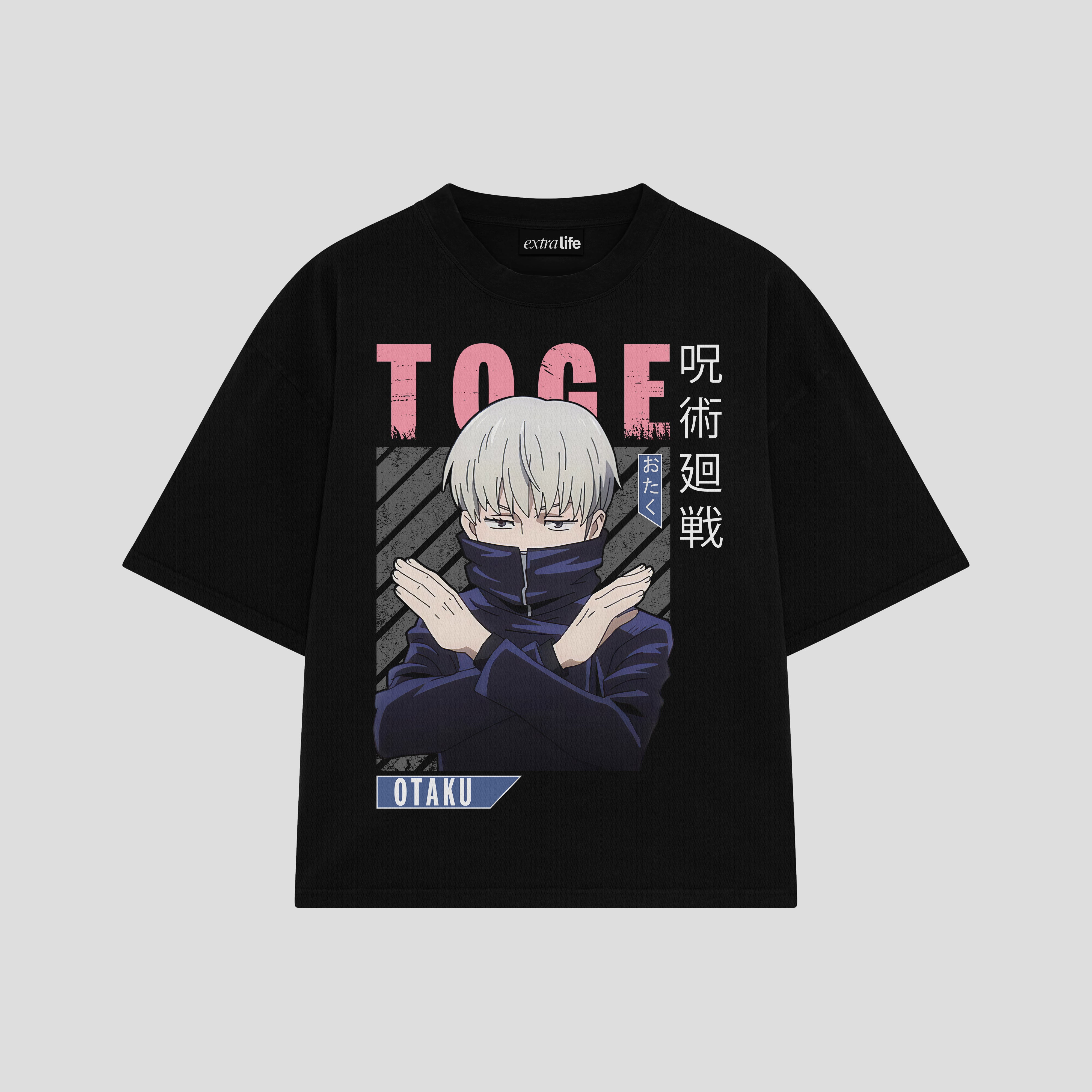 Playera streetwear premium de anime y gaming ExtraLife MX, corte boxy oversized drop shoulder heavyweight en color Deep Black y Off-White, moda urbana mexicana de culto.