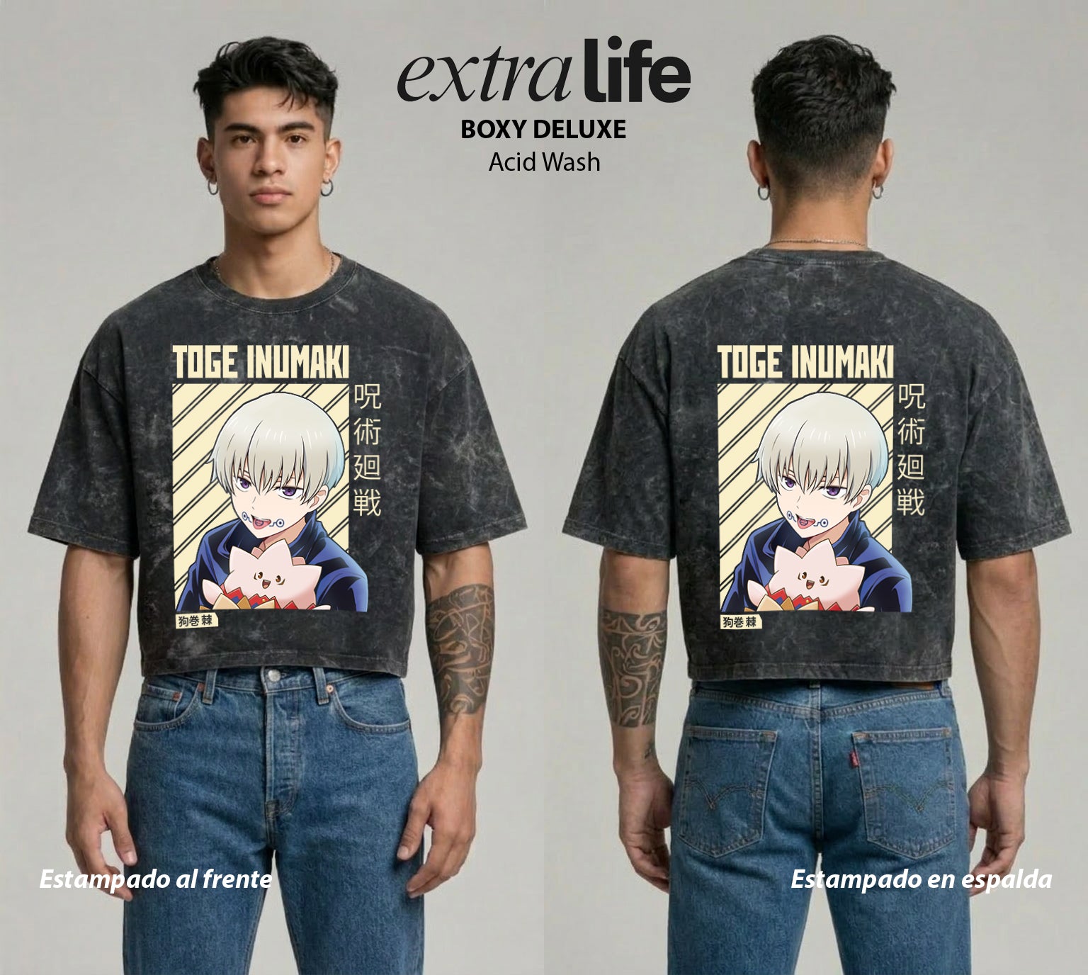 Playera streetwear premium de anime y gaming ExtraLife MX, corte boxy deluxe mineral wash heavyweight en color Acid Wash, moda urbana mexicana de culto.