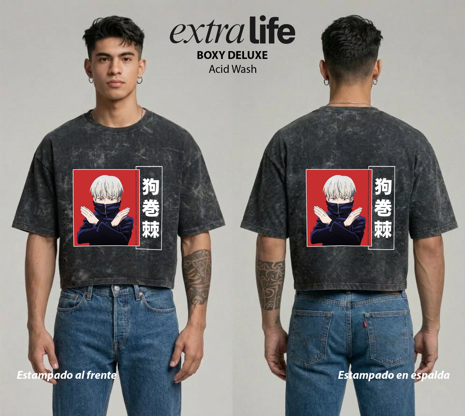 Playera streetwear premium de anime y gaming ExtraLife MX, corte boxy deluxe mineral wash heavyweight en color Acid Wash, moda urbana mexicana de culto.