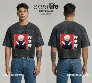 Playera streetwear premium de anime y gaming ExtraLife MX, corte boxy deluxe mineral wash heavyweight en color Acid Wash, moda urbana mexicana de culto.