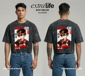 Playera streetwear premium de anime y gaming ExtraLife MX, corte boxy deluxe mineral wash heavyweight en color Acid Wash, moda urbana mexicana de culto.