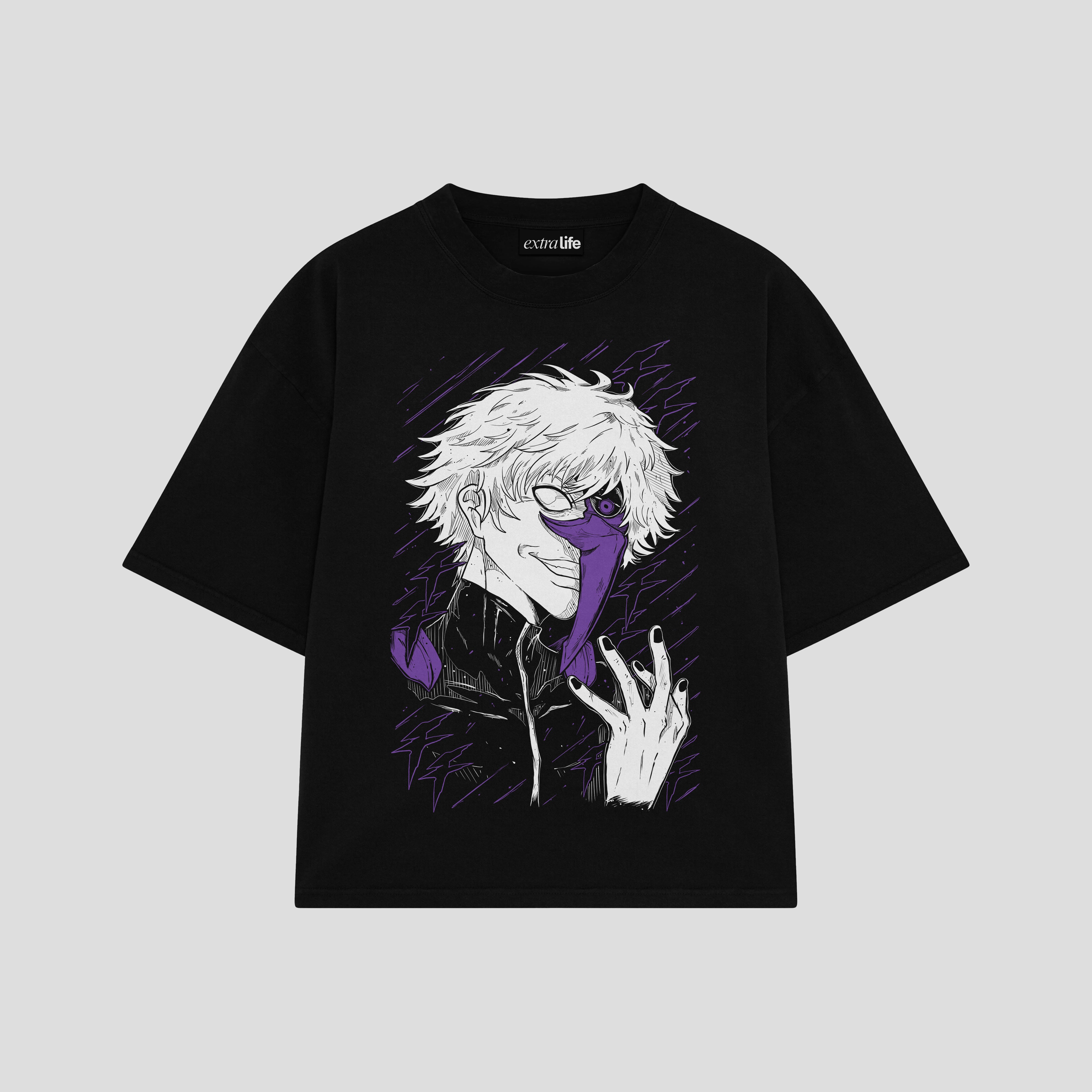 Playera streetwear premium de anime y gaming ExtraLife MX, corte boxy oversized drop shoulder heavyweight en color Deep Black y Off-White, moda urbana mexicana de culto.