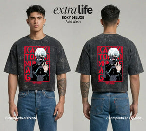 Playera streetwear premium de anime y gaming ExtraLife MX, corte boxy deluxe mineral wash heavyweight en color Acid Wash, moda urbana mexicana de culto.
