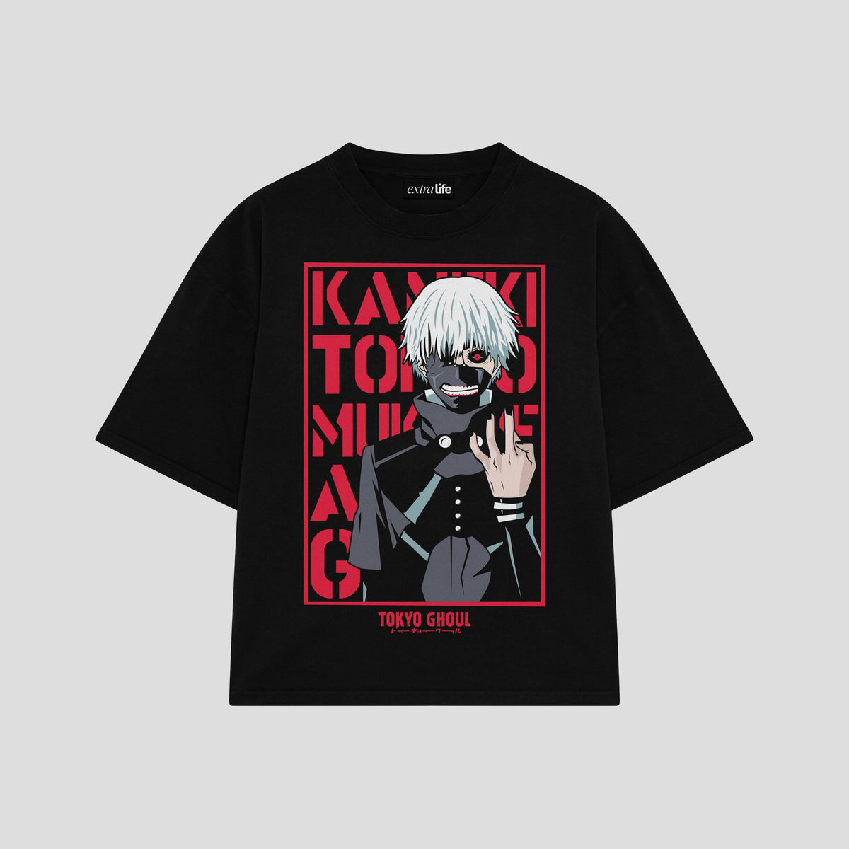Playera streetwear premium de anime y gaming ExtraLife MX, corte oversized drop shoulder ligero y fresco en color Deep Black y Off-White, moda urbana mexicana de culto.