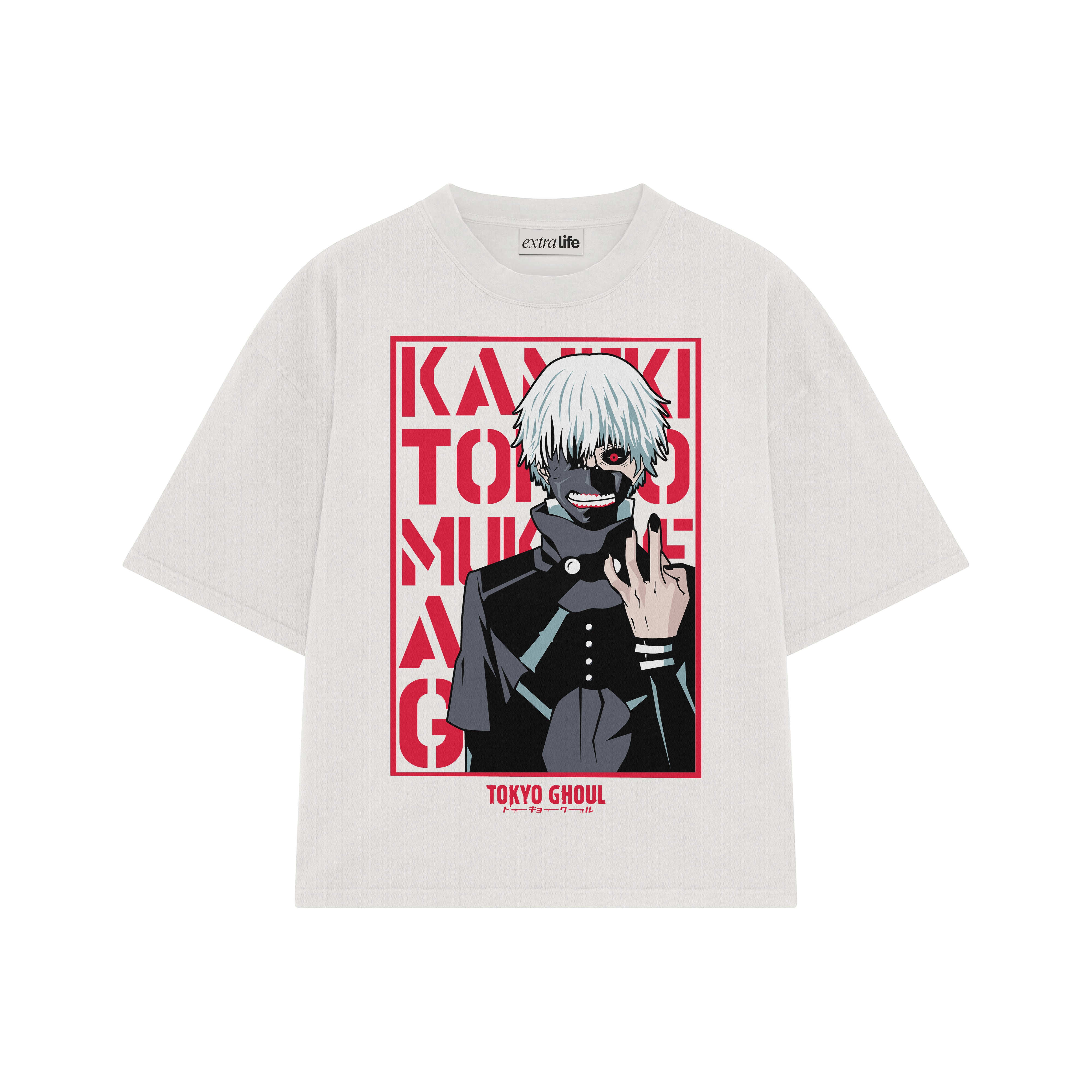 Playera streetwear premium de anime y gaming ExtraLife MX, corte boxy oversized drop shoulder heavyweight en color Deep Black y Off-White, moda urbana mexicana de culto.