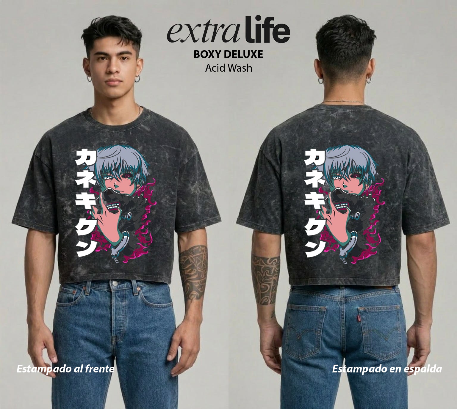 Playera streetwear premium de anime y gaming ExtraLife MX, corte boxy deluxe mineral wash heavyweight en color Acid Wash, moda urbana mexicana de culto.