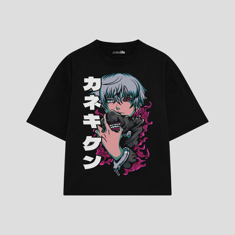 Playera streetwear premium de anime y gaming ExtraLife MX, corte boxy oversized drop shoulder heavyweight en color Deep Black y Off-White, moda urbana mexicana de culto.