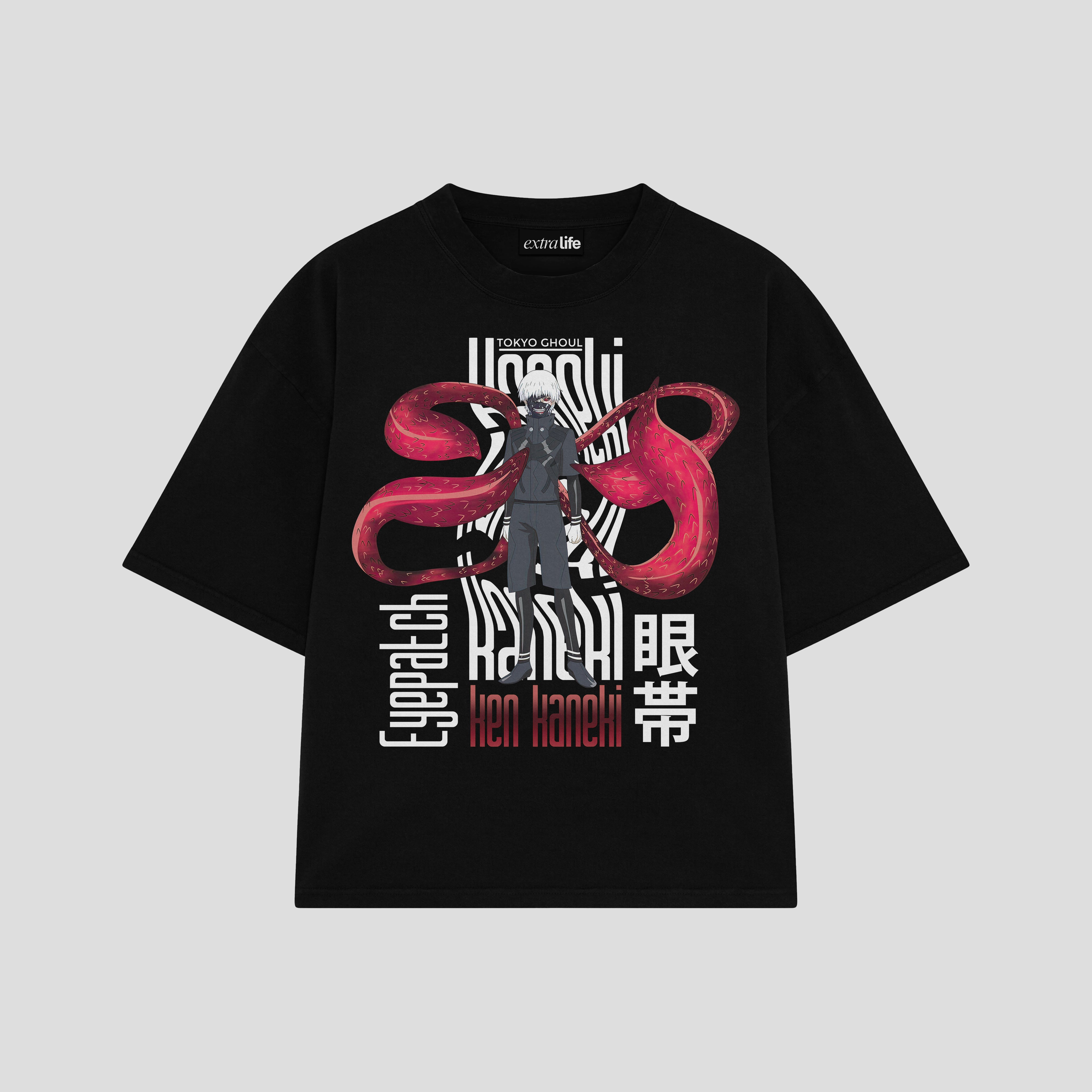 Playera streetwear premium de anime y gaming ExtraLife MX, corte boxy oversized drop shoulder heavyweight en color Deep Black y Off-White, moda urbana mexicana de culto.