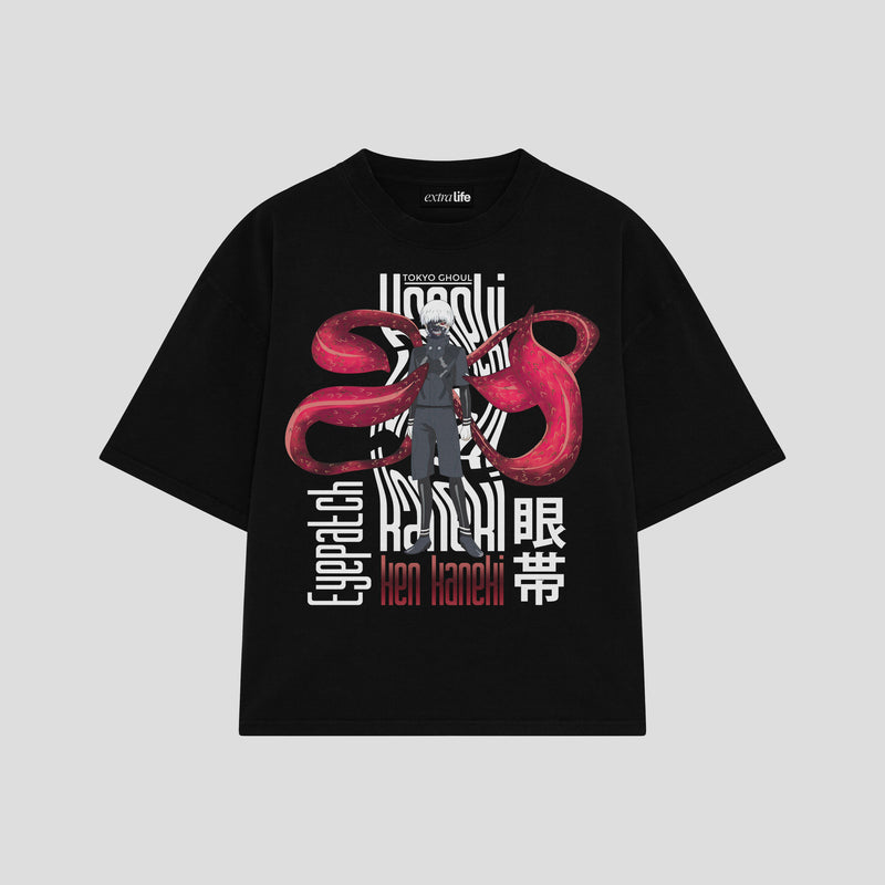 Playera streetwear premium de anime y gaming ExtraLife MX, corte boxy oversized drop shoulder heavyweight en color Deep Black y Off-White, moda urbana mexicana de culto.