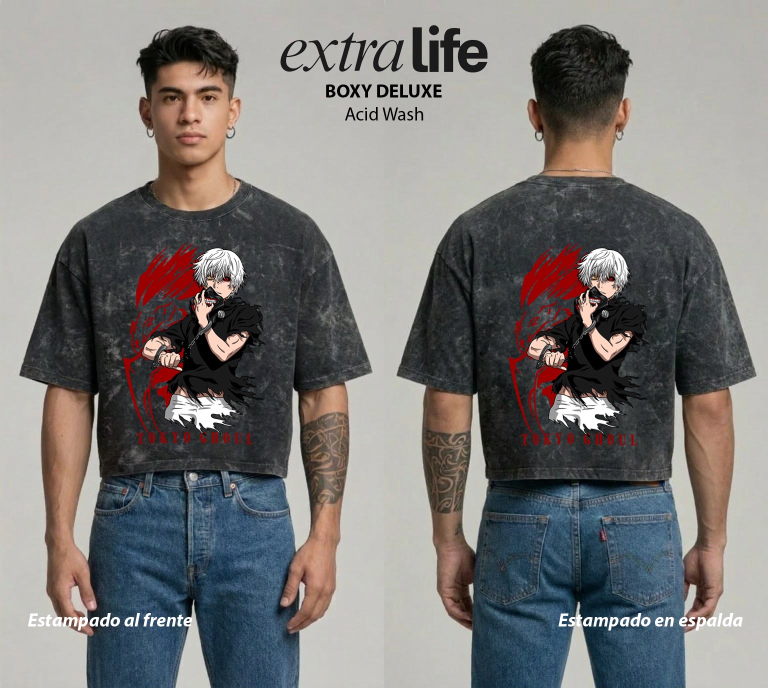 Playera streetwear premium de anime y gaming ExtraLife MX, corte boxy deluxe mineral wash heavyweight en color Acid Wash, moda urbana mexicana de culto.